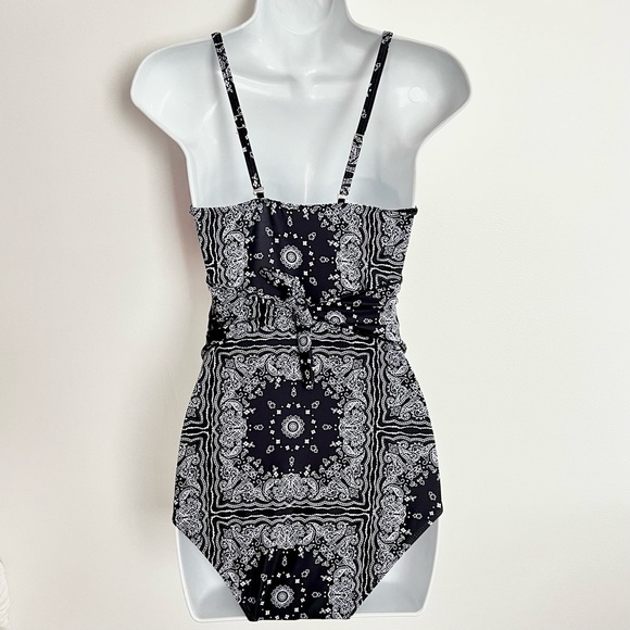 Black White Paisley Bandana Print Monokini One Piece Bathing Suit size L small - Picture 15 of 17